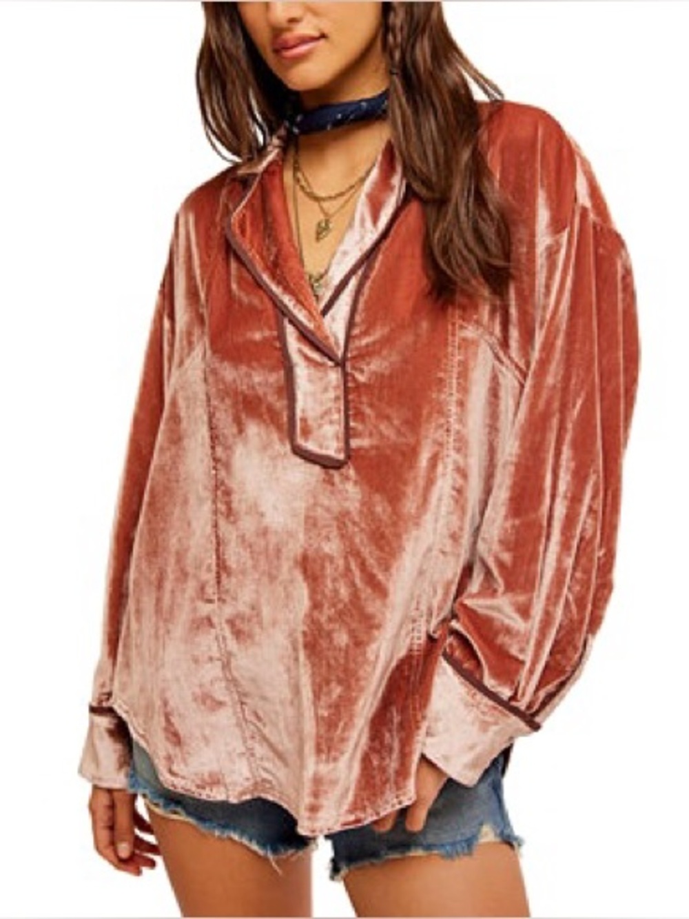 Free People Crushed Velvet Long-Sleeve Shirt in Cedar Wood